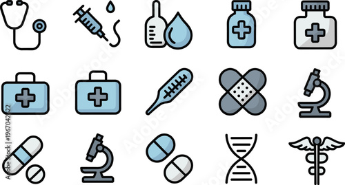 Flat vector medical icon set with healthcare symbols, stethoscope, syringe, pills, microscope and first aid elements isolated background