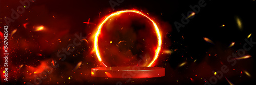 Round podium with fiery ring, glowing flames and sparks, realistic vector background. Dynamic portal effect with smoke clouds and radiant red orange fire energy bursts, burning circular frame