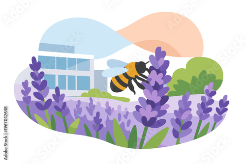 A bee collects nectar from a lavender flower in a garden.