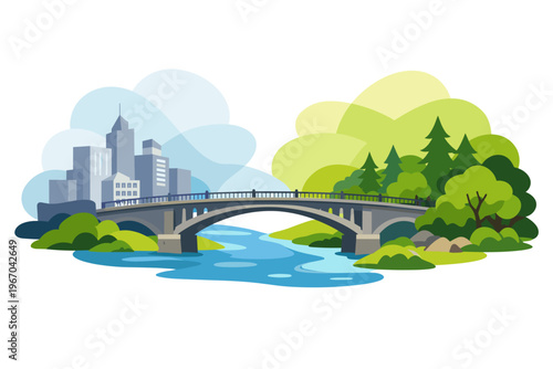 Fotografie Bridge connecting city and nature with river and trees.