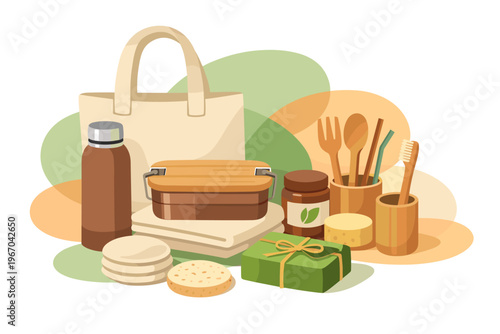 Ecofriendly reusable products for sustainable living lifestyle.