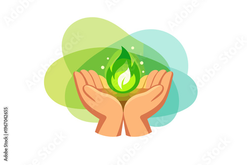 Green energy flame held in cupped hands illustration.