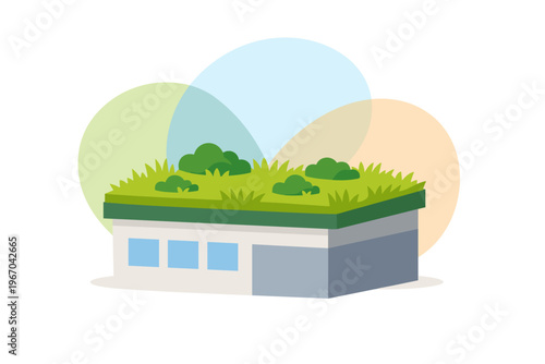 Green Roof Ecosystem on Modern Building Illustration.