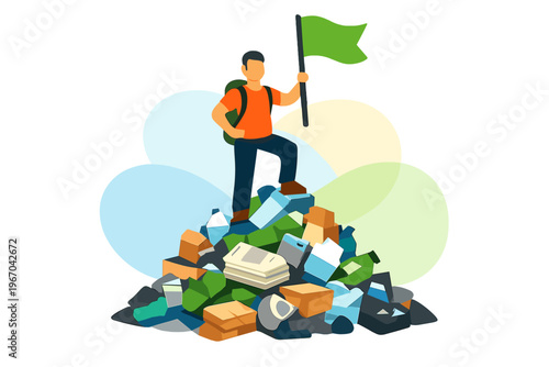 Man standing on pile of trash holding green flag.