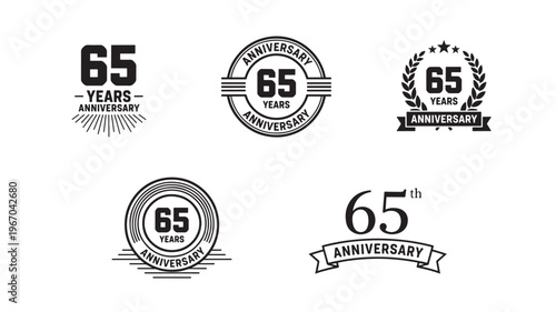Anniversary emblems set featuring "65 Years" with various decorative elements like laurel wreaths and ribbons