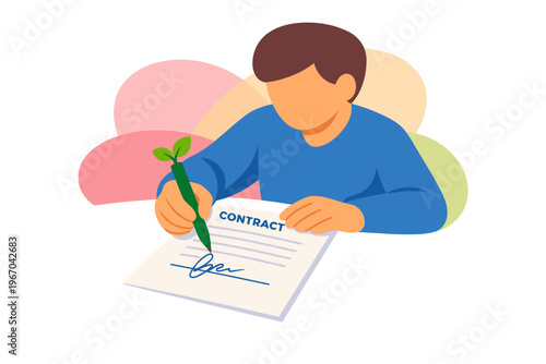 Person signing a contract with a plant pen.