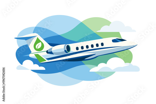 Modern private jet airplane flying through clouds with green leaf symbol.