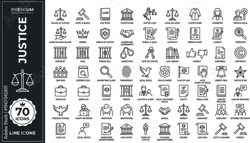 A collection of premium line icons depicting various justice and law symbols on a white background Ai, eps, jpg, transparent background, eps