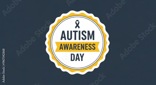 Autism awareness day badge with yellow and blue ribbon on dark background for support and education
