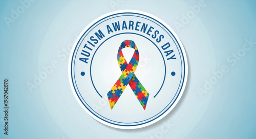 Autism awareness day logo with colorful puzzle ribbon on light blue background