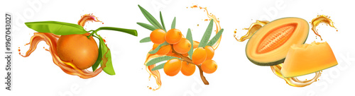 Fresh fruit juice splash with realistic slices, flowing stream, flying drops, set of 3d vector illustrations isolated on white background. Vibrant design elements for tropical drink labels, packaging