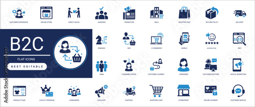 B2C Business to Consumer Solid Icons for Retail, Online Shopping, Customer Service, Delivery, Marketing, Direct Sales, Ecommerce,  Professional Vector Set Editable