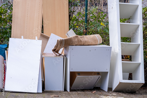 Cuadro en lienzo bulky waste reduction, pile discarded furniture, Old items given second life, re