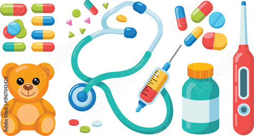 Flat vector pediatric healthcare illustration with stethoscope, thermometer, syringe, pills, teddy bear and medical tools isolated background
