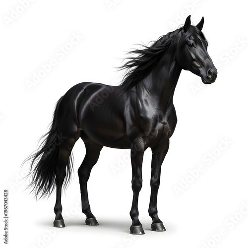 Majestic Ebony: A striking image of a sleek, black horse captured in a moment of poised elegance, highlighting its smooth coat, flowing mane and muscular physique.