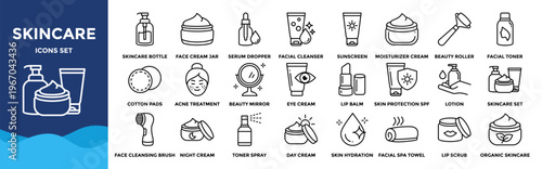 Skincare icon collection set. Containing Skincare, Face Cream, Serum , Facial Cleanser, Sunscreen, Moisturizer Cream, Beauty , Facial 