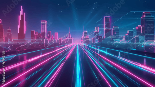 Abstract futuristic city skyline with neon lights and digital data streams