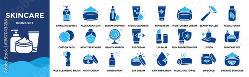 Skincare icon collection set. Containing Skincare, Face Cream, Serum , Facial Cleanser, Sunscreen, Moisturizer Cream, Beauty , Facial 