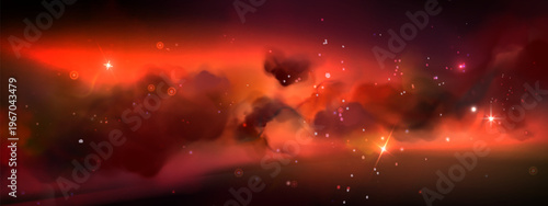 Starry red sky background with nebula clouds and cosmic light, space universe scene with glowing stars, abstract vector illustration. Night bright wallpaper with glowing constellation