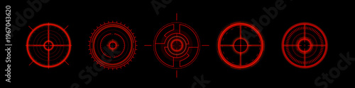 Futuristic HUD target interface with circular radar display, abstract vector set of icons isolated on black background. High-tech neon red graphic elements for sci-fi games, military system