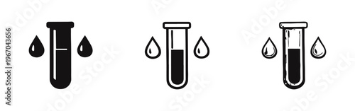 Medical Test Tube and Drops Icon Set, Laboratory Blood Sample Symbol