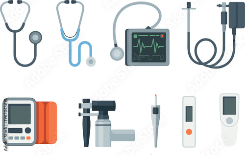 Healthcare monitoring equipment icon set with stethoscope ECG monitor blood pressure cuff thermometer and diagnostic medical devices flat illustration