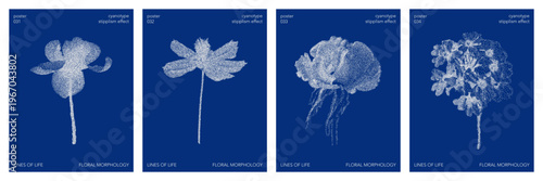 Cyanotype stipple graphic poster set collection. Overlay effect, deep blue color, flower details. Vector  element in retro print style. Design templates for card, social media, banner, cover