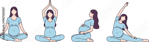 Pregnant woman yoga poses vector set, prenatal exercise illustration, maternity wellness fitness, meditation stretching routine, healthy pregnancy lifestyle concept designPregnant woman yoga poses 