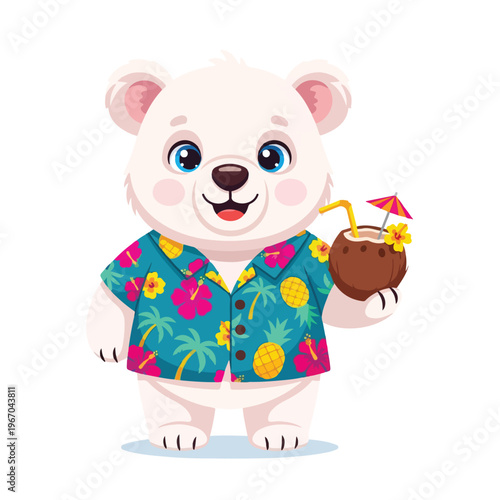 A cheerful cartoon polar bear wearing a Hawaiian shirt holds a coconut drink with an umbrella in a playful and fun illustration with bright colors.