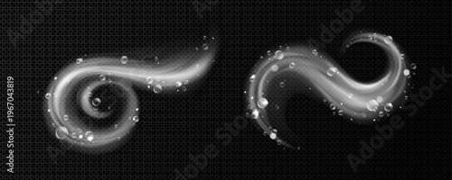 Dynamic water swirls with foam bubbles, fresh vortex effect, set of vector illustrations isolated on transparent background. Clean detergent wave with realistic 3D liquid motion