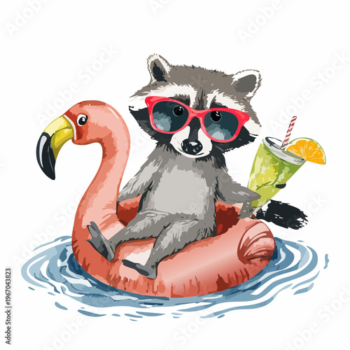 Süßer Waschbär mit Sonnenbrille auf Flamingo-Schwimmring mit Cocktail – Aquarell Sommermotiv