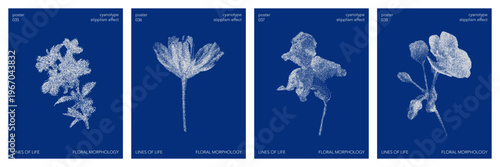 Cyanotype stipple graphic poster set collection. Overlay effect, deep blue color, flower details. Vector  element in retro print style. Design templates for card, social media, banner, cover