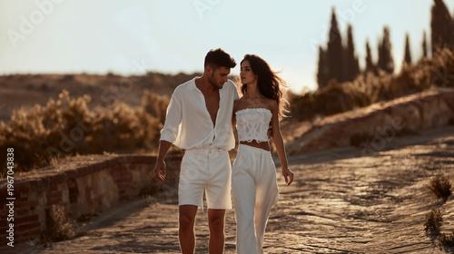 Young Couple Walking at Sunset in Mediterranean Countryside Wearing White