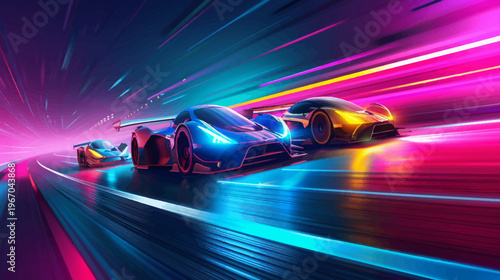 Racing cars speeding around track with vibrant colors and motion blur