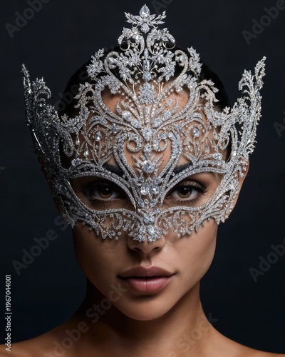 Ornate Silver Masquerade Mask Portrait of Adult Woman in Studio