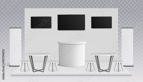 White exhibition booth mockup isolated on transparent background. Vector realistic illustration of TVs on wall, blank banners, counter table and chairs, trade show space for branding, presentation