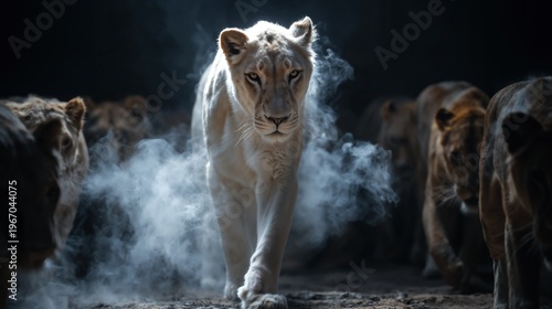 White Lioness Leading Pride Through Misty Dark Night, Low-Angle Dramatic Portrait