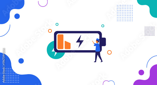 A small cartoon person holds a wrench next to a large battery icon displaying low charge and a lightning bolt, symbolizing energy maintenance, power management, or fixing a depleted resource.