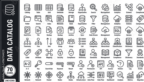 Data catalog icons set for business intelligence and data management, featuring various symbols and graphics for database and analytics concepts.