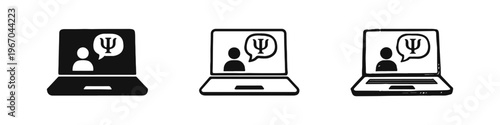 Virtual Psychology Session Icon Set: Telehealth and Remote Mental Health Counseling via Laptop