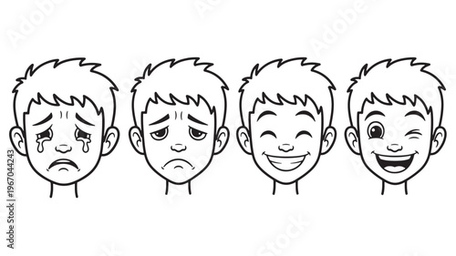 Faces of a young boy expressing different emotions like sadness, worry, happiness, and excitement in a simple black and white outline drawing.