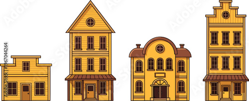 Wild west buildings set, vintage wooden houses, old town architecture, cowboy era saloon style, western city street, classic frontier illustration