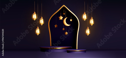 Ramadan podium with golden arch, arabic lantern and moon. Purple background with gold crescent and stars for Eid Mubarak greeting cards, festive banners, or product displays