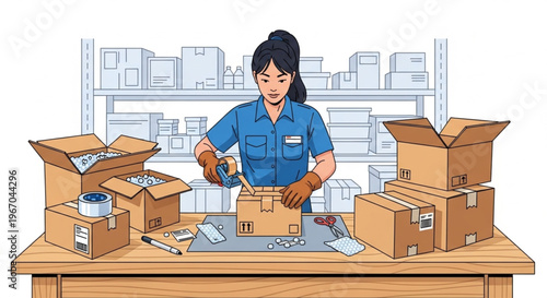 Female warehouse worker packing cardboard boxes on a wooden table in a shipping department.