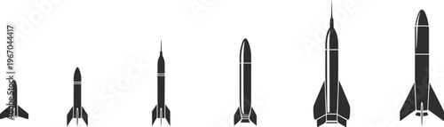 Rocket silhouette collection, aerospace missile designs, black vector rockets, space exploration artwork, technological flight concept, engineering science illustration
