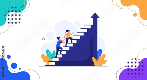 Team members collaboratively ascend a staircase shaped like an upward arrow, symbolizing shared progress, mutual support, and the collective journey towards achieving business goals and personal.