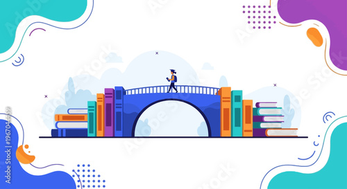 Learner strides across a bridge of vibrant books, symbolizing the profound journey of education and knowledge acquisition that fosters intellectual growth and personal development through reading.