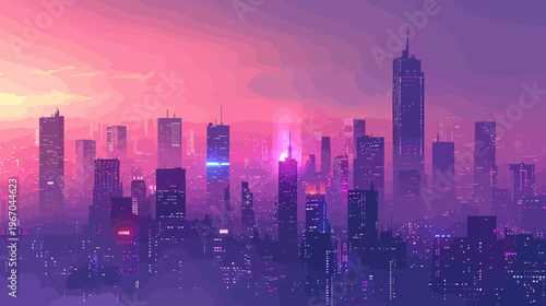 Cityscape at dusk with skyscrapers silhouetted against a vibrant purple sky
