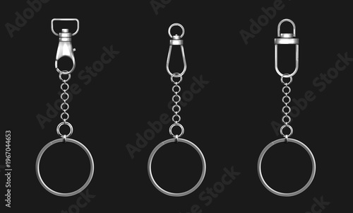 Silver metal keychains set isolated on black background. Vector realistic illustration of steel key accessory with chain and clasp, car or house key holder with round ring and decorative keychain
