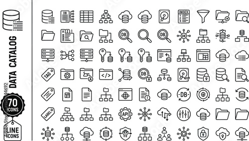 Data catalog icons set for organizing and managing data, featuring various symbols and graphics for database management and information architecture in a line style.